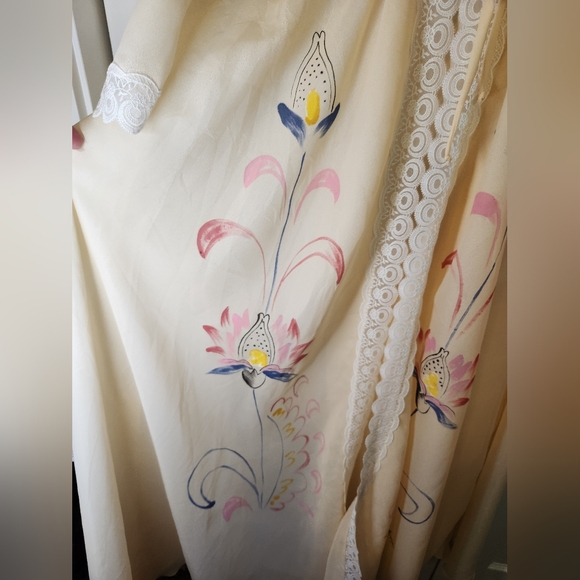 Vintage Dreamy 1970s Hand-Painted Boho Maxi • Sheer Ivory Nylon & Lace • S - Picture 10 of 13
